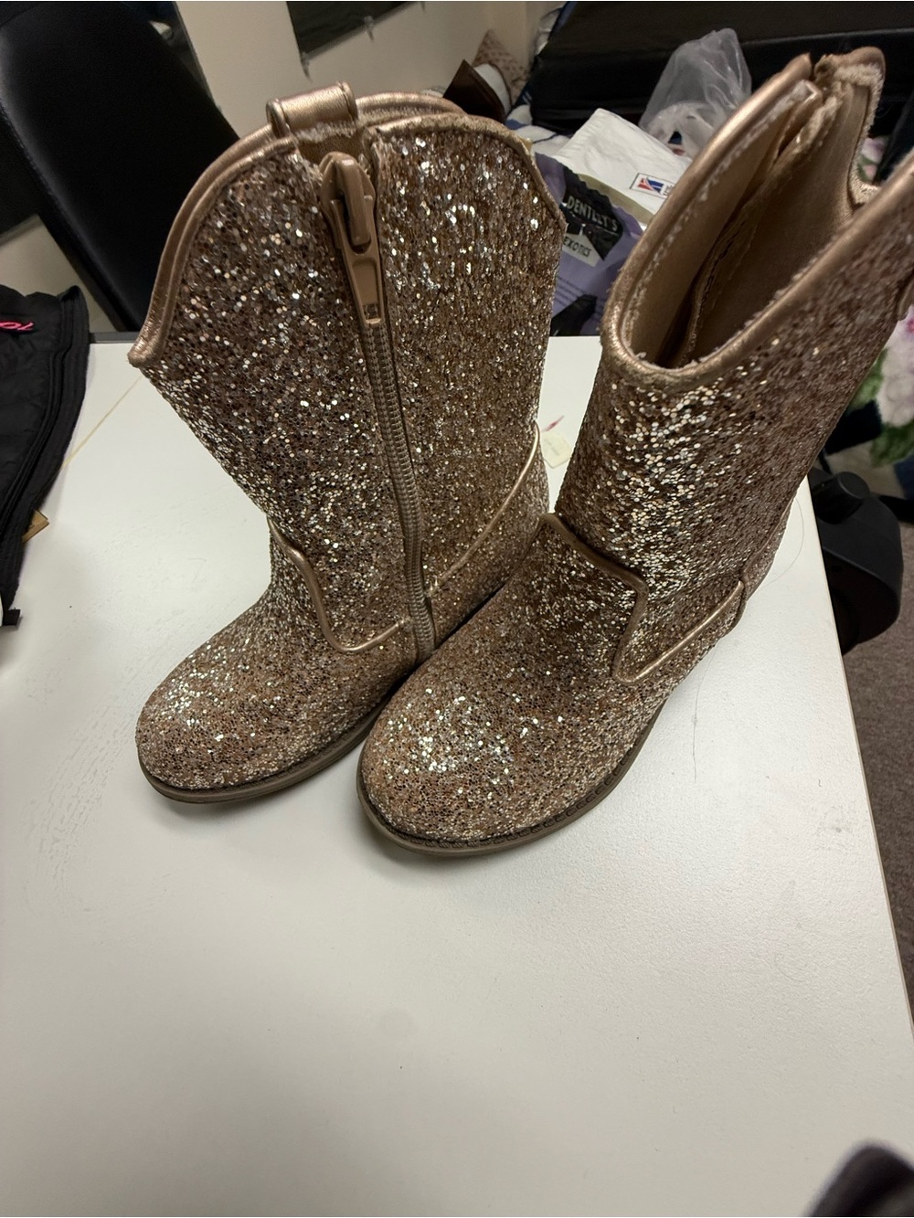 Kelly & Katie Glitter Block Heel Booties - Rose Gold Sparkle